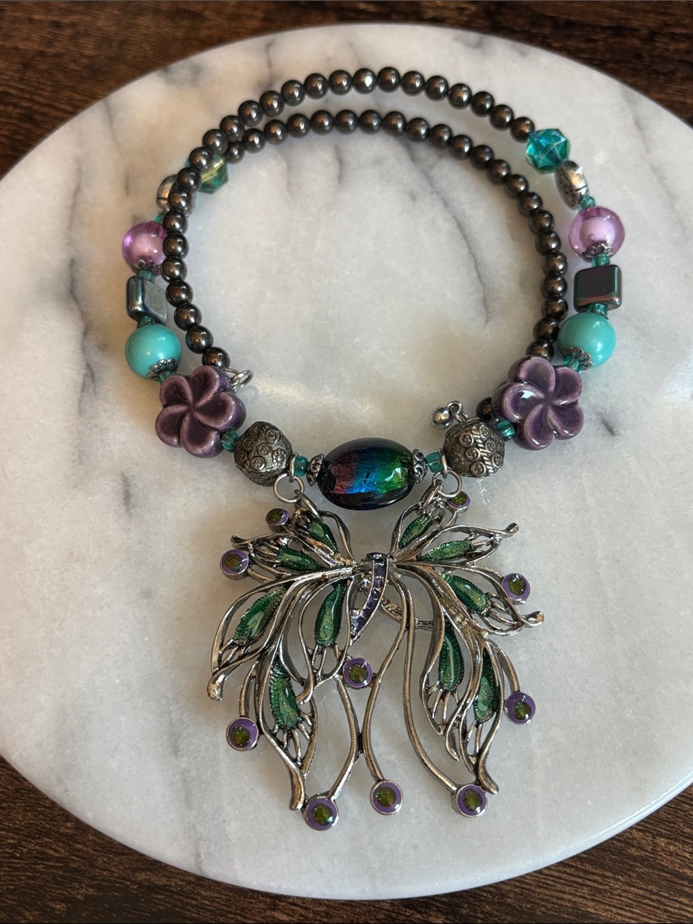 Multicolor Floral Butterfly Pendant Necklace with Green & Purple Accents